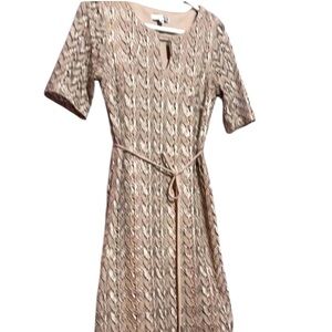 Sandra Darren Tan Sheath Midi Dress Crew Neck Short Sleeve